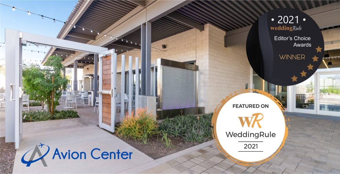 Wedding Rule Award badge on photo of the outside of the Avion Center entrance and patio