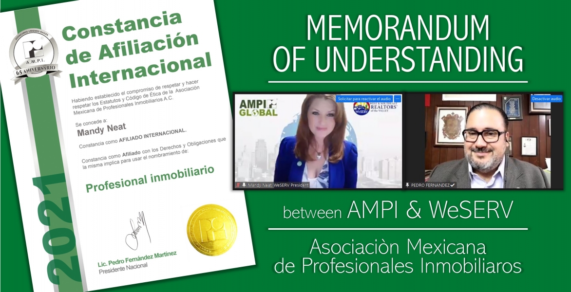 image of AMPI president and WeSERV president on Zoom and the MOU certificate with a green background
